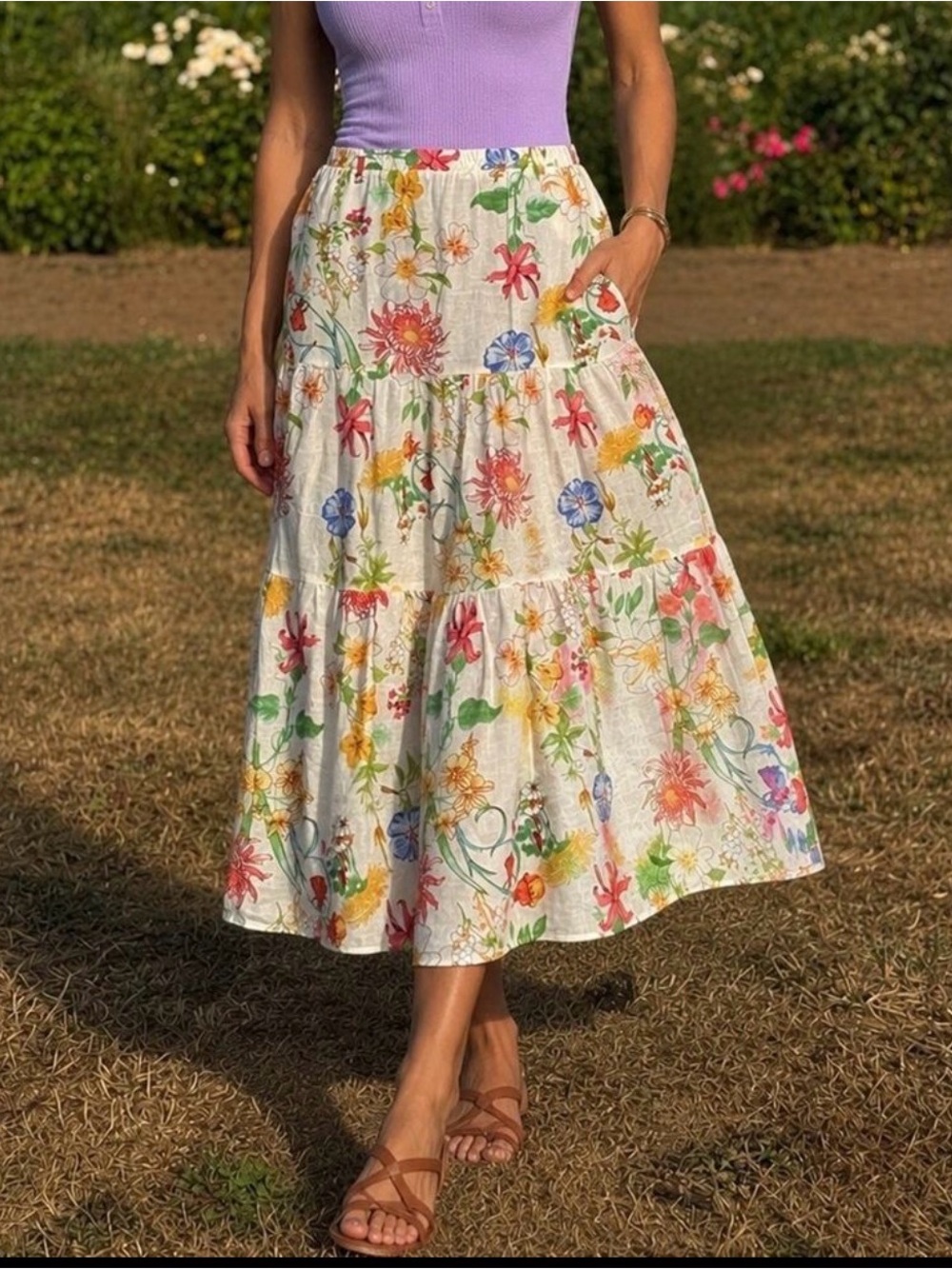 Laura Ashley Women’s M Linen Rayon Floral Tiered Midi Skirt Pockets Cottage